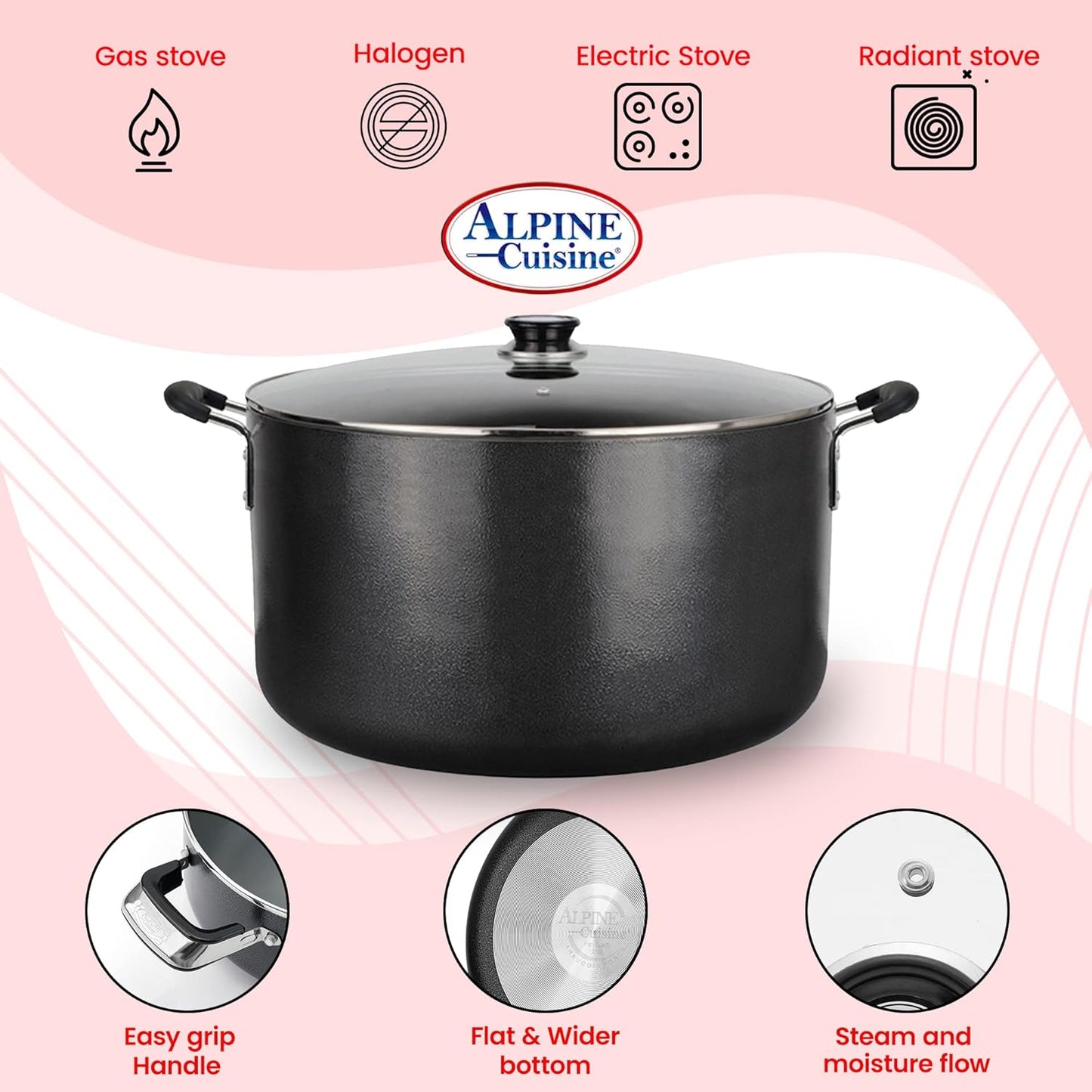 Alpine Cuisine 30 Quart Non-stick Stock Pot with Tempered Glass Lid and Carrying Handles, Multi-Purpose Cookware Aluminum Dutch Oven for Braising, Boiling, Stewing