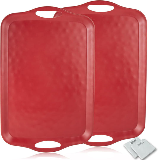 Extra Large Serving Tray with Handles, 20x13 inch, Set of 2 Melamine Platters for Serving Food, Turkey, Cookie, Rectangular Trays for Eating, Raised Dots Matt Finished, Dishwasher Safe, Red