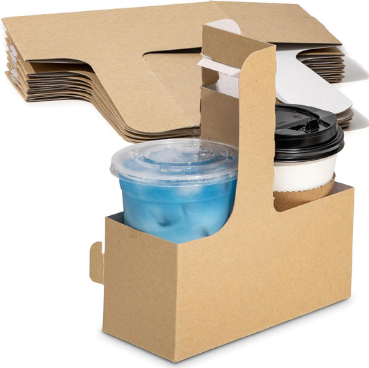 FMP Brands 2 Cup Disposable Drink Carrier with Handle, 15 Pack Kraft Paperboard Handled Drink Carriers 12-30 oz to Go Coffee Cup Holder, Cup Carrier for Cold Hot Drinks, Takeout, Cafe