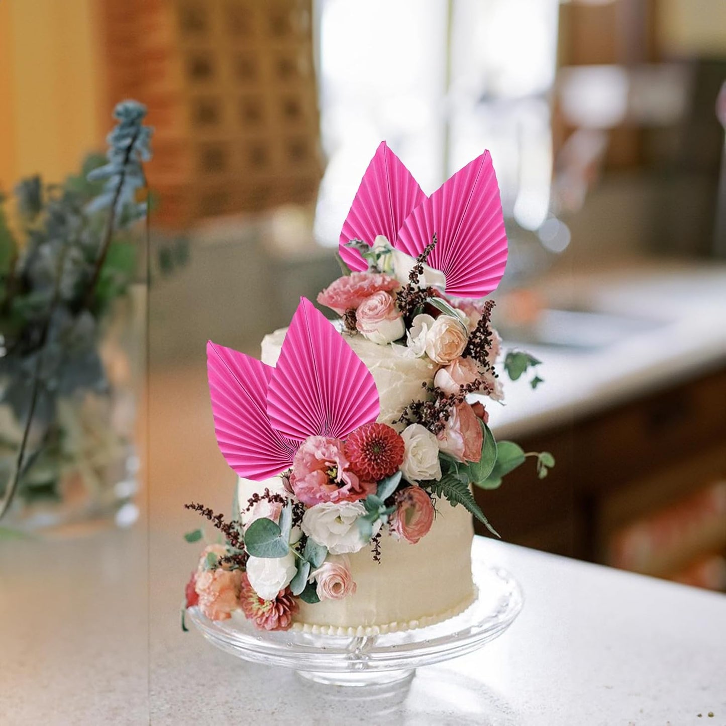 Gyufise 6Pcs Paper Palm Fan Cake Topper Palm Spear Leaves Fan Cake Pick Decoration for DIY Craft Project Home Made Wedding Bridal Shower Birthday Anniversary Party Cake Decorations Peach Red