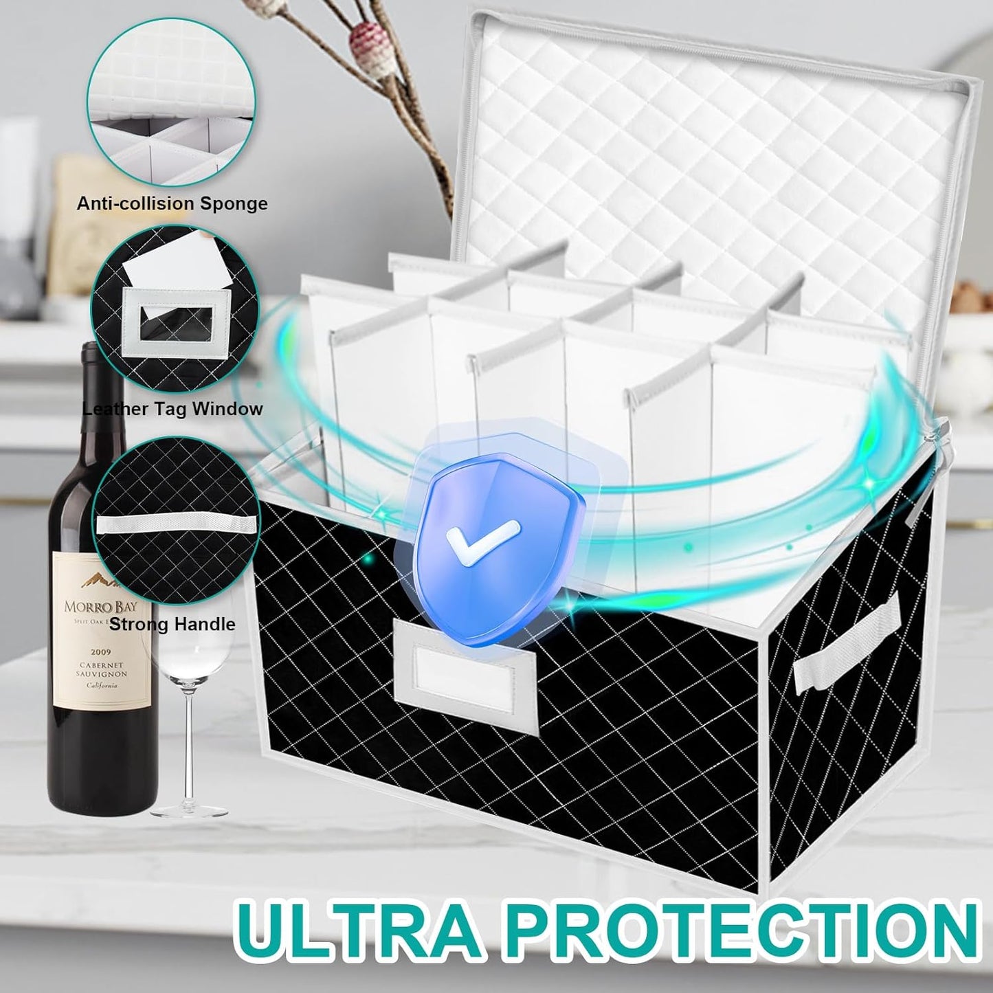 VERONLY China Dinnerware Storage Containers Set- Dish,Mug,Stemware Storage Cases - Quilted Box Bins Stackable with Divider,handles,Clear Window for Cups,Plates,Wine Glasses Moving Set of 6 (Black)