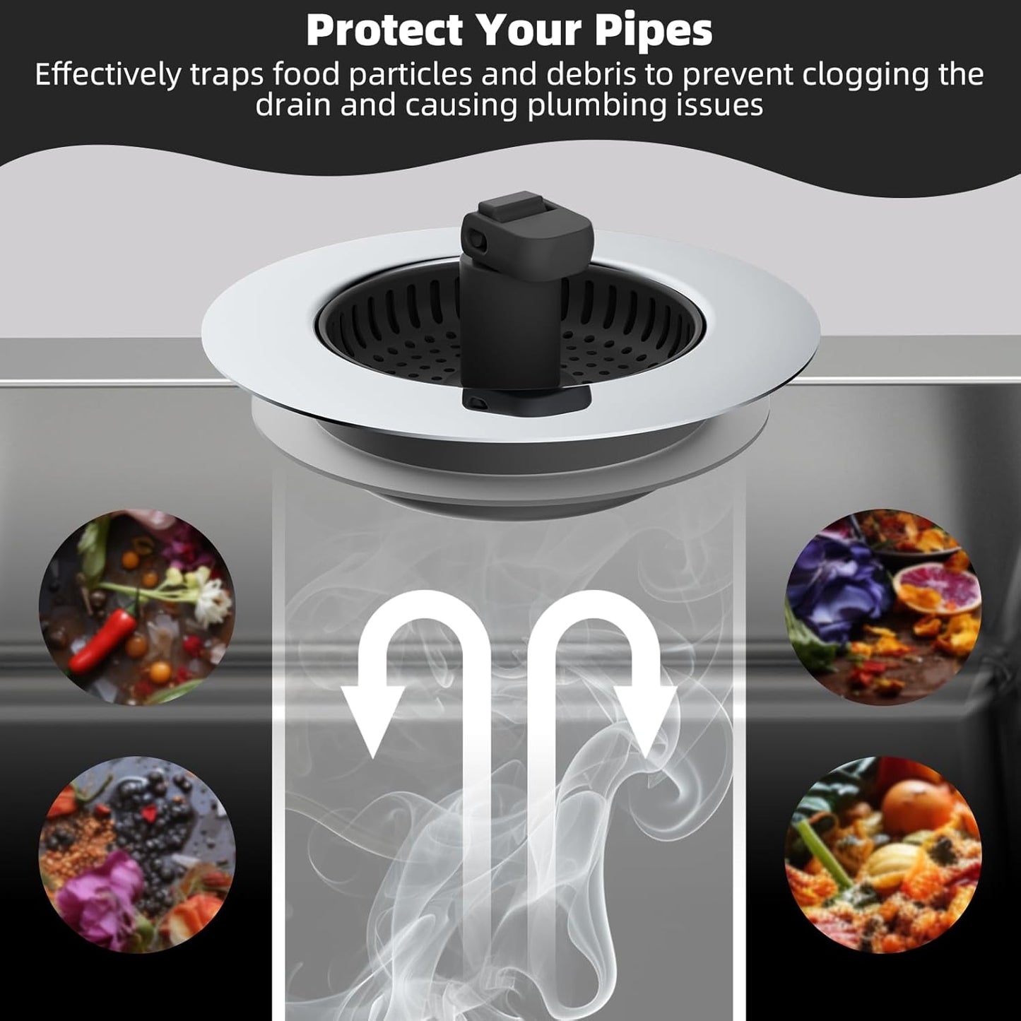 Hibbent 2 Pack Universal 3 in 1 Kitchen Sink Drain Strainer with Sink Stopper, Chrome Stainless Steel Wraped Shell, Anti-Clogging Basket Strainer with Handle, Fit for US Standard 3-1/2" Drain, Black