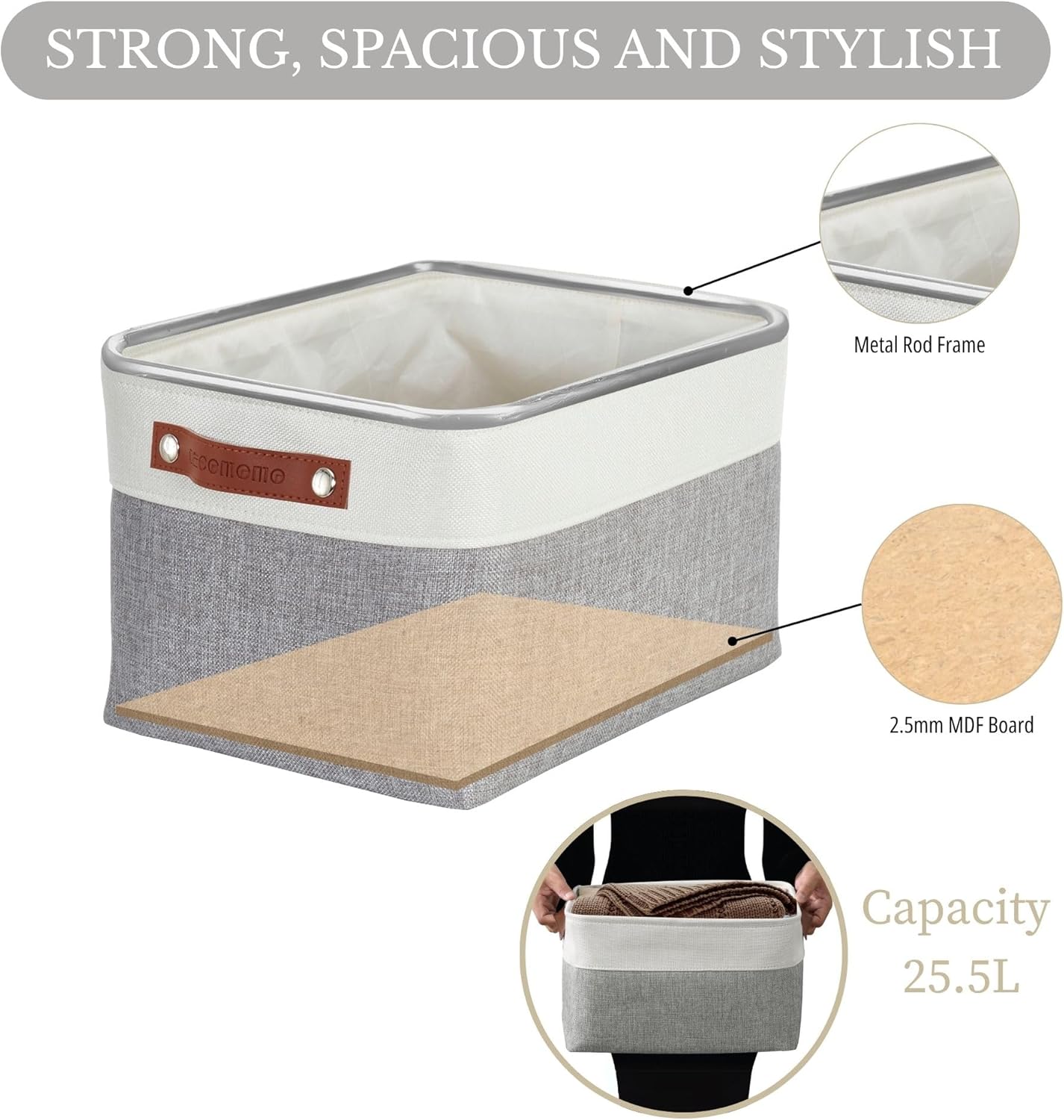 DECOMOMO Storage Baskets for Shelves - Fabric Storage Bins, Linen Closet Organizers and Storage (Grey & White, Large - 3 Pack)