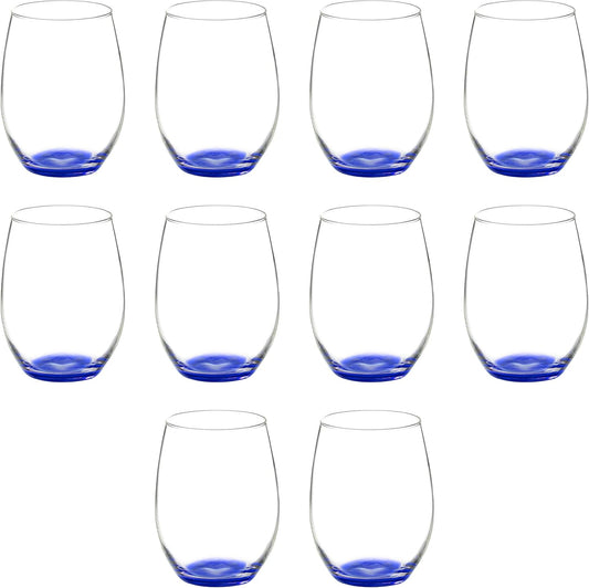 DISCOUNT PROMOS 10 ARC Stemless Wine Glasses Set, 21 oz. - Chardonnay, Cabernet, Merlot, Sauvignon - Blue