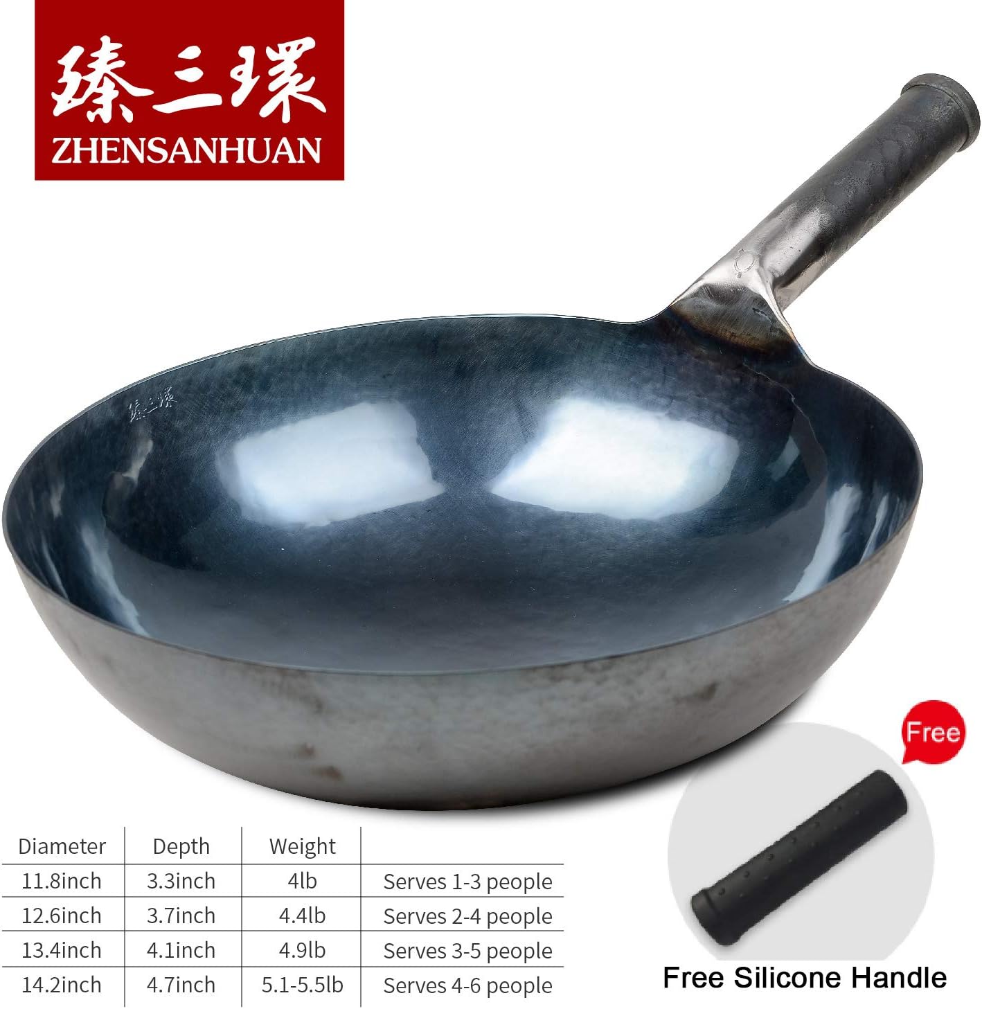 臻三环 ZhenSanHuan Chinese Hand Hammered Iron Woks and Stir Fry Pans, Non-stick, No Coating, Carbon Steel Pow (36CM, BlueBlack Seasoned with help handle)