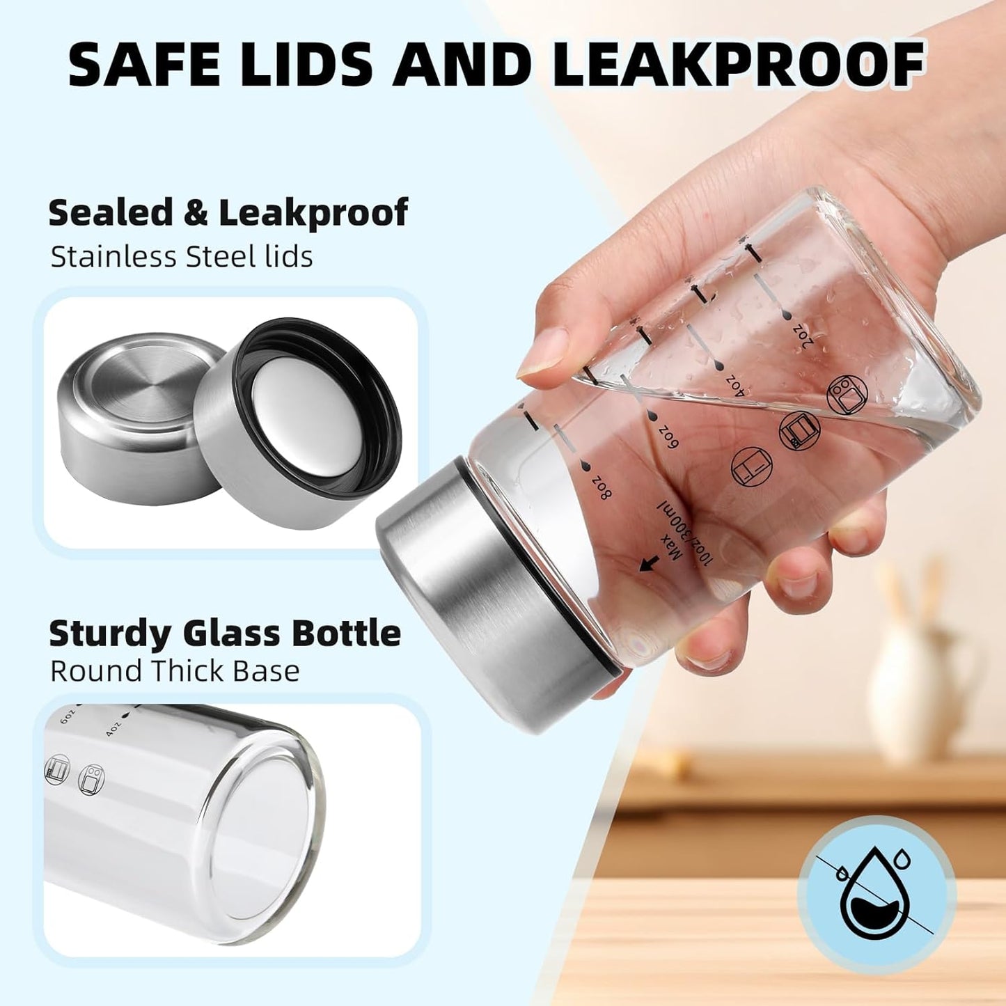 Glass Juice Bottles 4 Pack 10 oz - Wide Mouth Glass Water Bottles with Lids - Borosilicate,Stainless Steel Lids for Juicing, Smoothies, Infused Water, Beverage Storage, Leakproof, Reusable,BPA Free