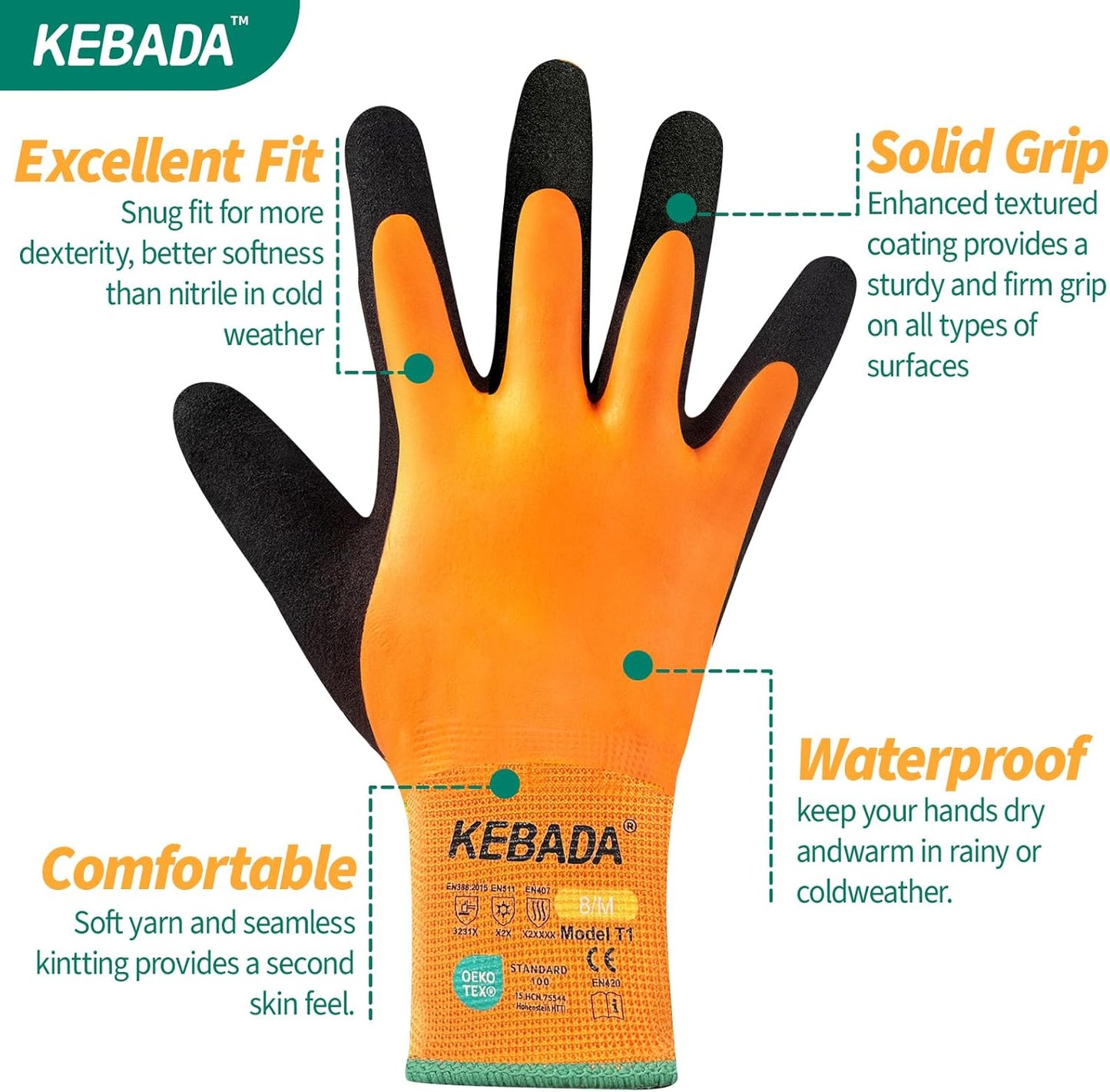 Kebada T1 3 Pairs Waterproof Winter Work Gloves for Men and Women, Warm Work Gloves for Cold Weather, Thermal Insulated Freezer Gloves, 100% Latex Coating & Super Grip, Unisex, Large