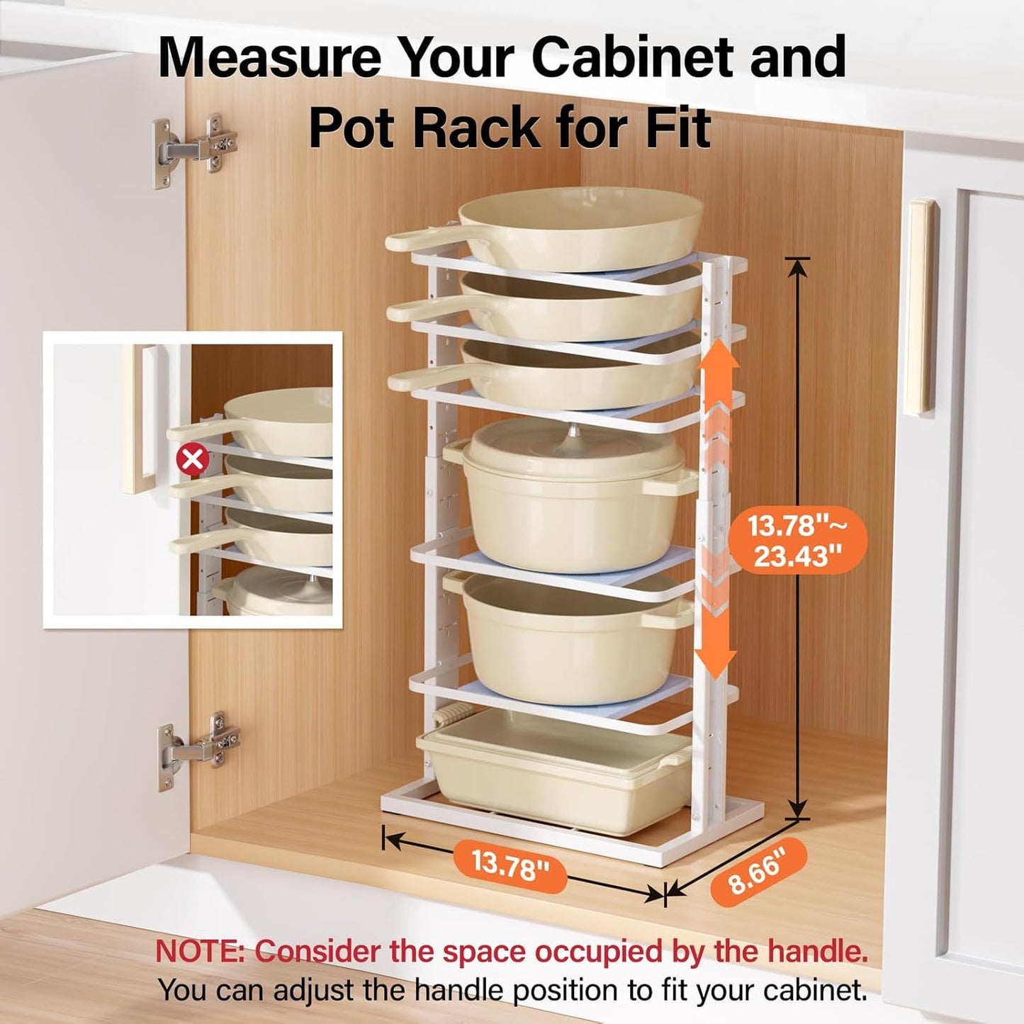 LAMU Pots and Pans Organizer for under Cabinet，6-Tier Heavy Duty Adjustable Pan Pot Organizers inside Cabinet, Pot Rack for Kitchen Cabinet Organization and Storage White