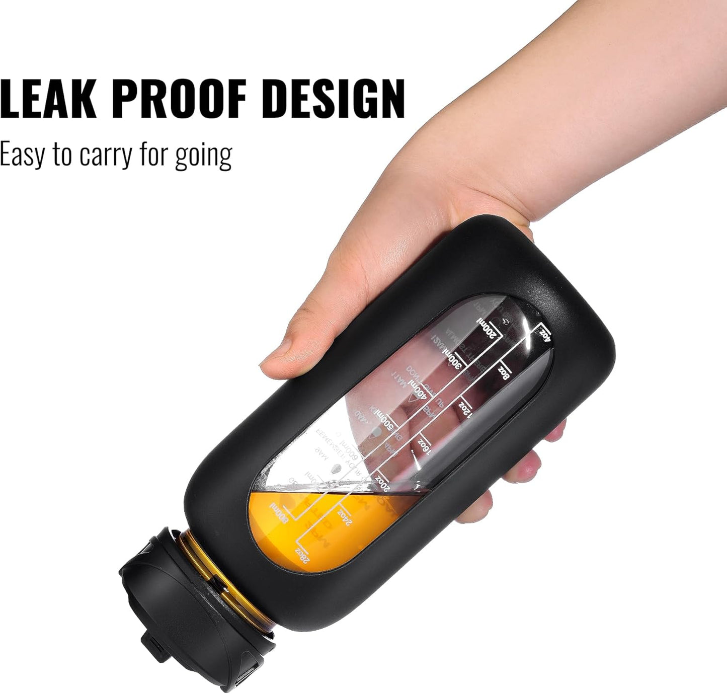 CIVAGO 40 oz Glass Water Bottle with Straw and Handle, Large Sports Motivational Water Bottle Flask with Time Marker and 2 Lids, Leakproof Water Jug Canteen with Silicone Sleeve for Gym,Black