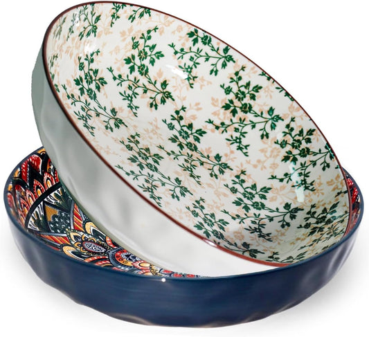 75 Oz Serving Bowls,2 Pack Bohemian Style Large Porcelain Dishes for Entertaining Parties,Big Bowls for Eating Soup, Salad, Pasta, Fruit, Chips, 10.3 Inch Diameter (blue Beige)