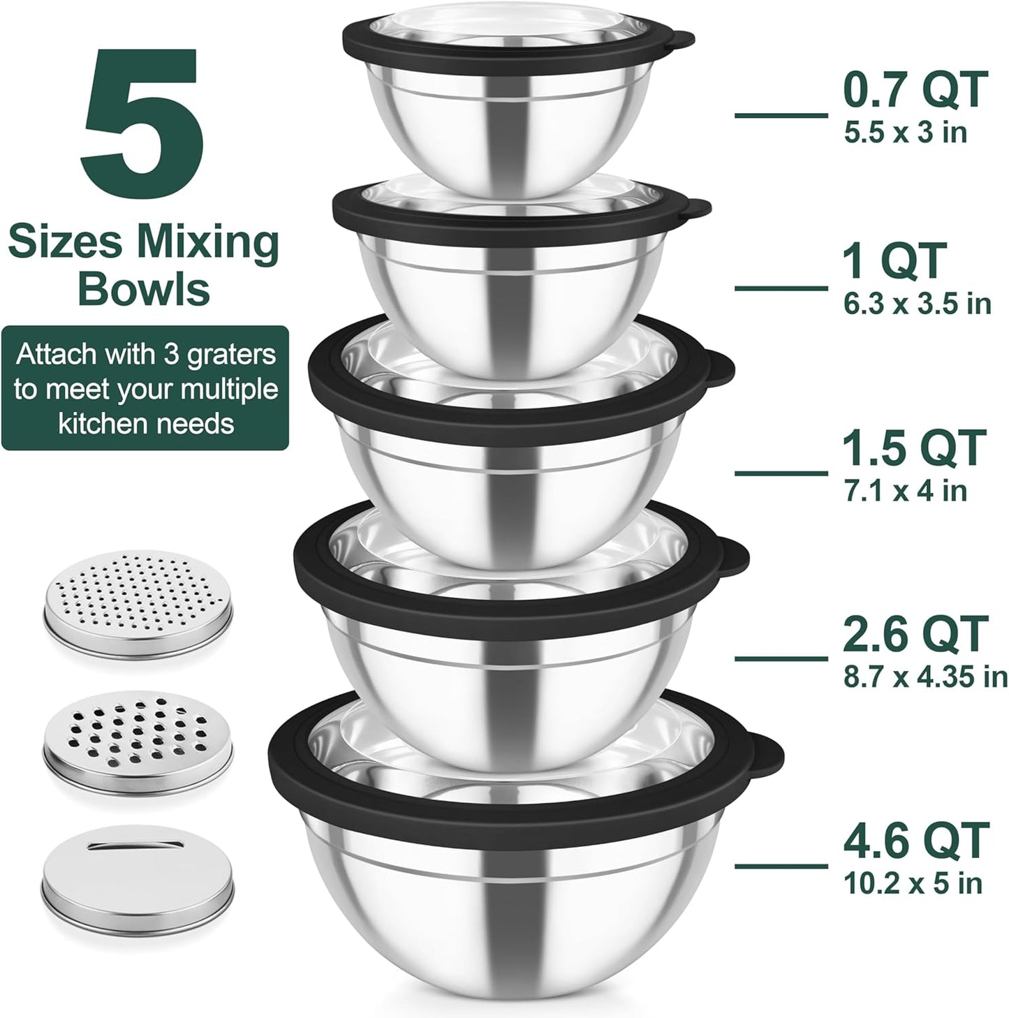 TeamFar Mixing Bowls, Stainless Steel Salad Serving Bowl with Clear Lids & 3 Graters, For Kitchen Cooking Prepping Storing, Size 4.6/2.6/1.5/1/0.7 QT, Nesting & Airtight, Set of 5 & Black