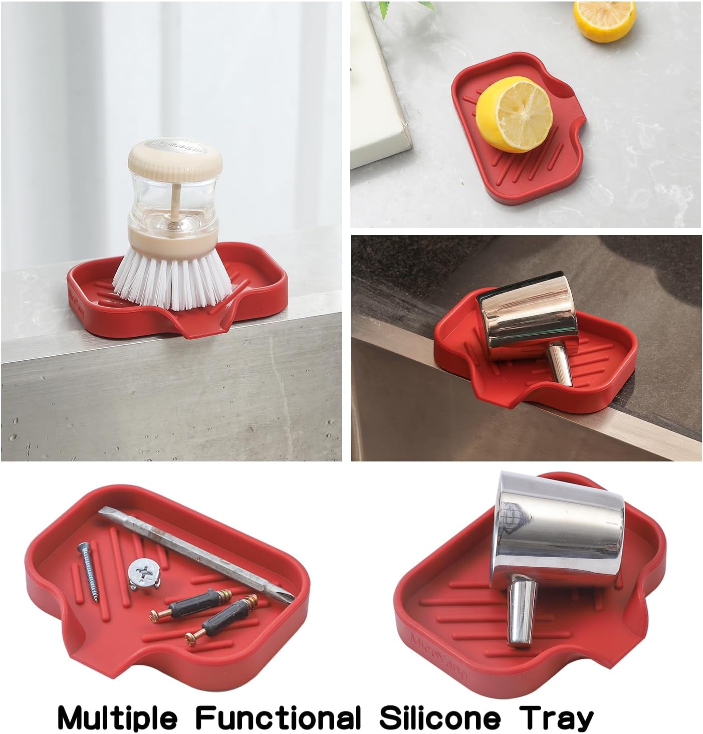 Silicone Bathroom Soap Dishes with Drain Spout-Bathroom and Kitchen Sink Organizer,Sponge Holder,Dish Soap Tray,Perfect for Dispenser,Scrubber,Bottle,Cup on Sink or Counter-Red 4.9"×3.2"