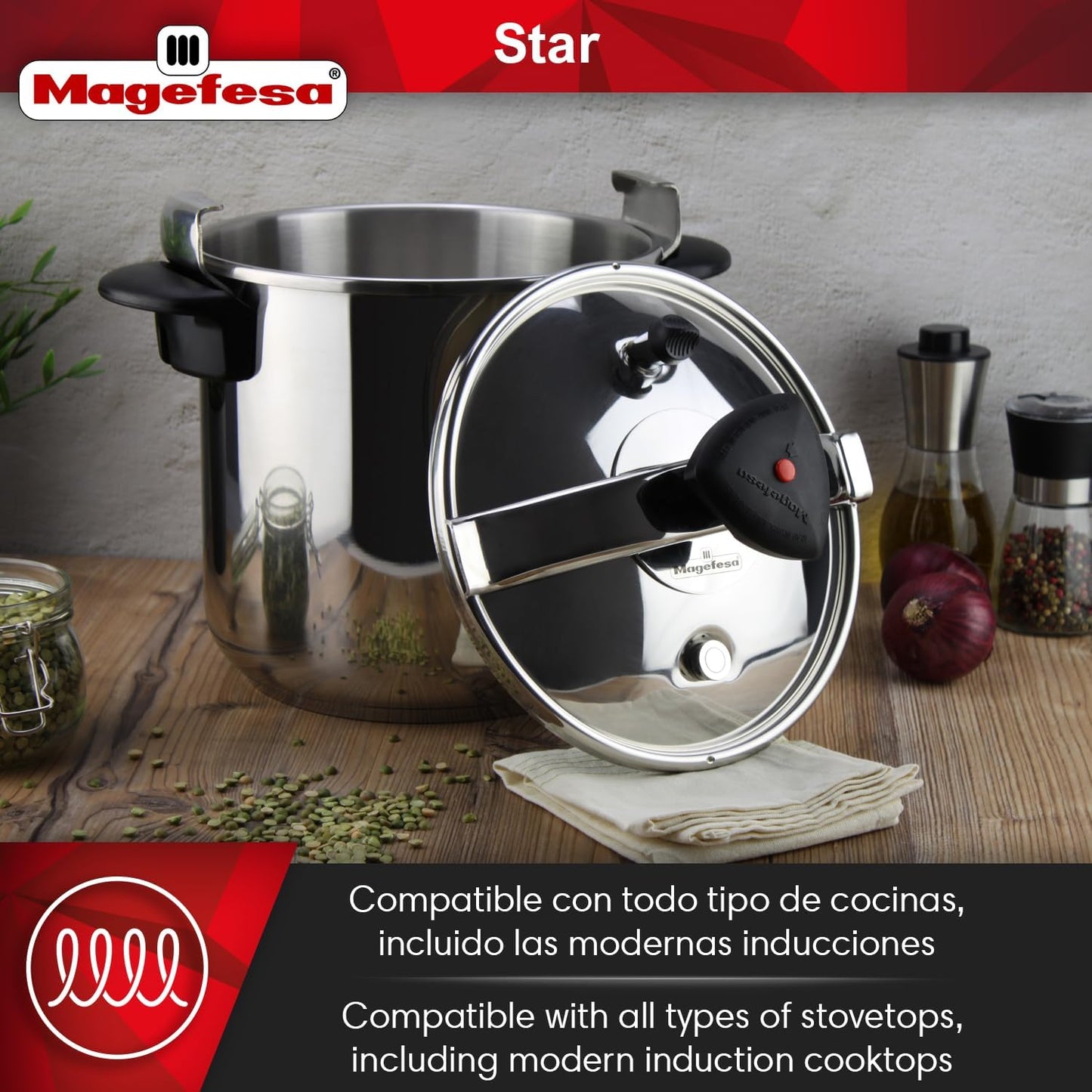 MAGEFESA Star Pressure Cooker, 12.7-Quart, 18/10 Stainless Steel, Works on All Stovetops (Induction Compatible), Safety Lock & 8 PSI Cooking
