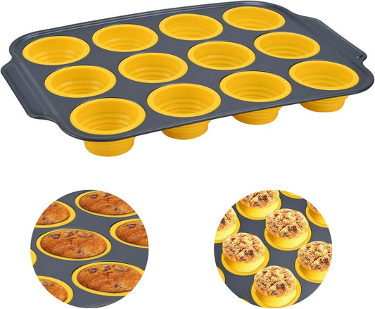 Silicone Muffin Pan, 12 Cups Cupcake Pans with Metal Frame Nonstick Muffin Tins Easy to Pop Out for Baking Cupcake Egg Bites BPA-free Cupcake Pan Mold (12 Cups Yellow)