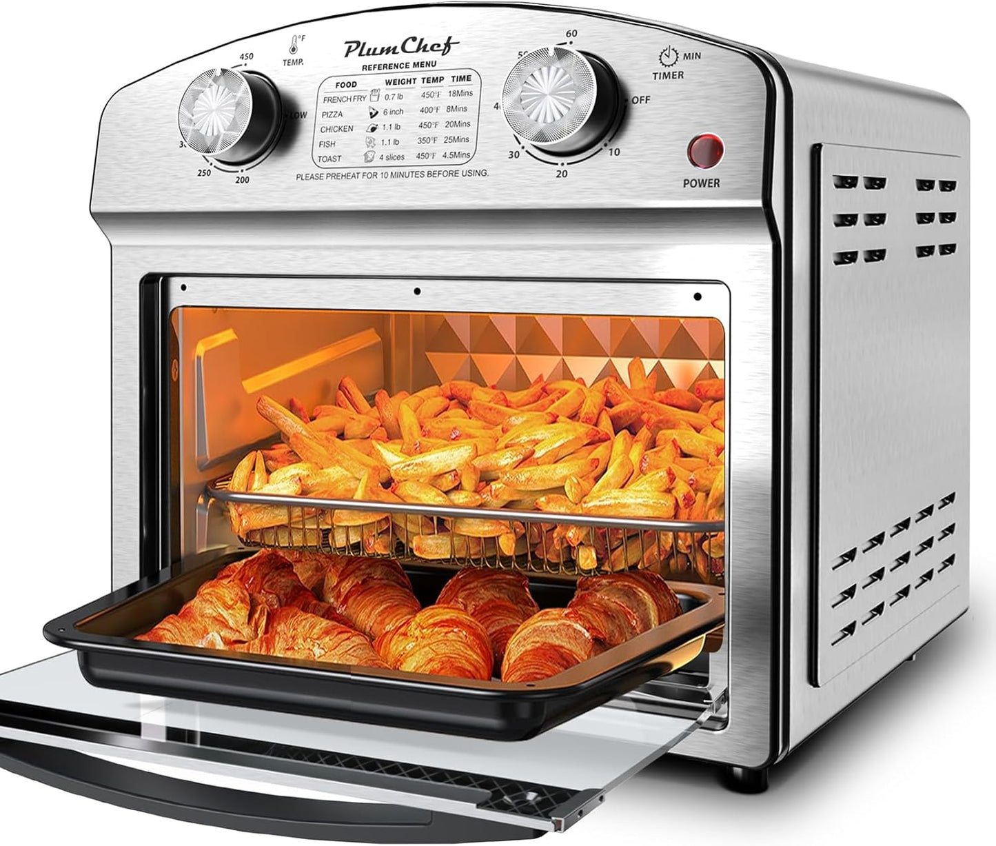 PlumChef 13 Quart 4 Slices Air Fryer Convection Toaster Oven with Reference Menu, 1500W,Multifunction with Roast, Bake, Grill, Broil, Silver