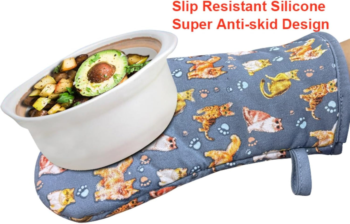 Oven Mitts Gloves 1 Pair Heat Resistant 480 ℉ Non Slip Clear Silicone Printed Cat Comfortable Cotton Lining Kitchen Men Cooking Barbecue Machine Washable (Cat, Blue Mitts)