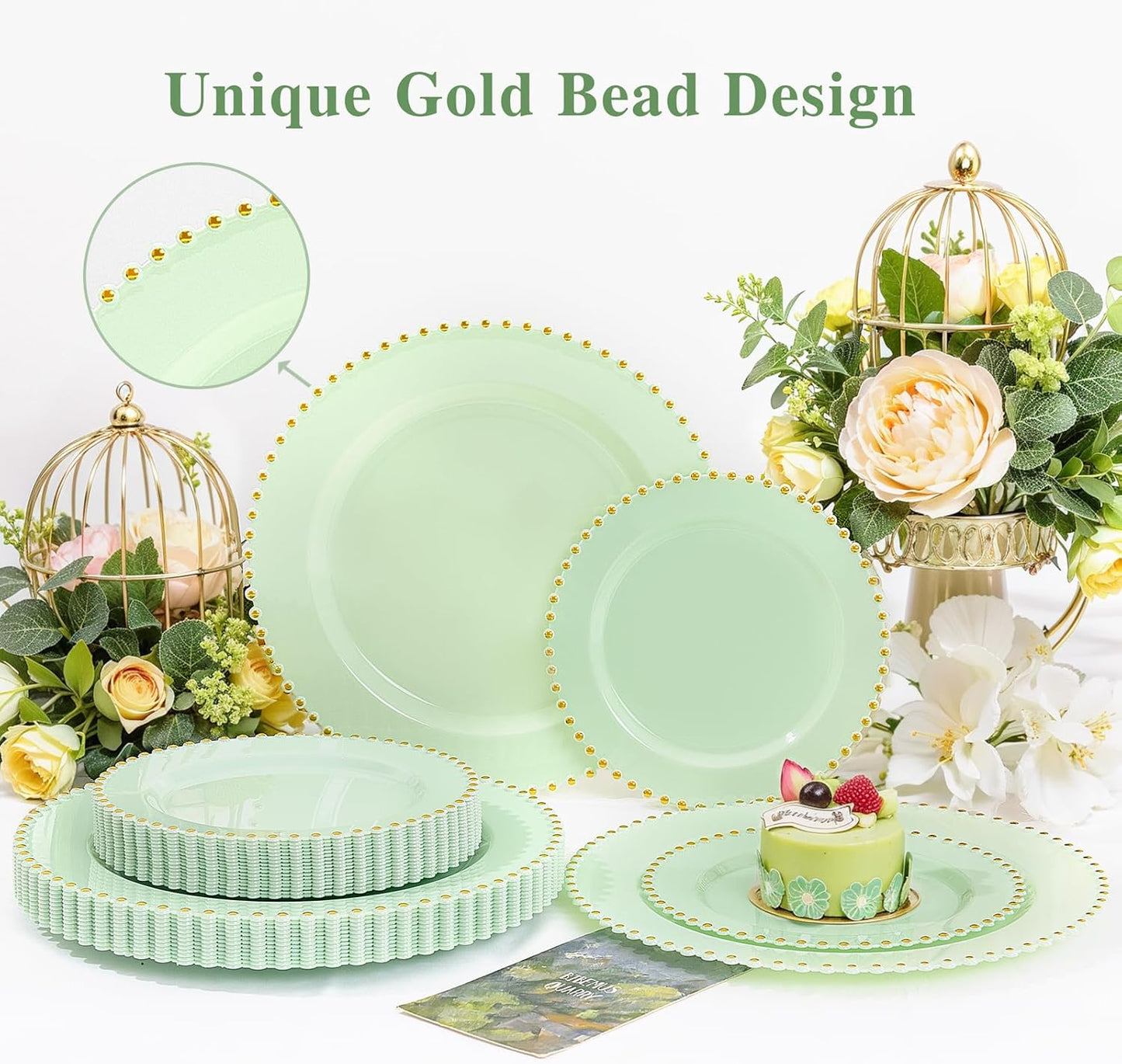supernal 100pcs Green Disposable Plates - Green Heavy Duty Plastic Plates With Gold Beads - Include 10inch Dinner Plate and 7inch Plastic Dessert Plate - Disposable Serving Platters for Party,Wedding