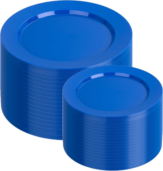 I00000 200 Pcs Blue Plastic Plates, Disposable Party Plates Include 100 Blue Dinner Plate 10’’ and 100 Plastic Dessert Plate 7’’ Perfect for Birthday, Party & Wedding