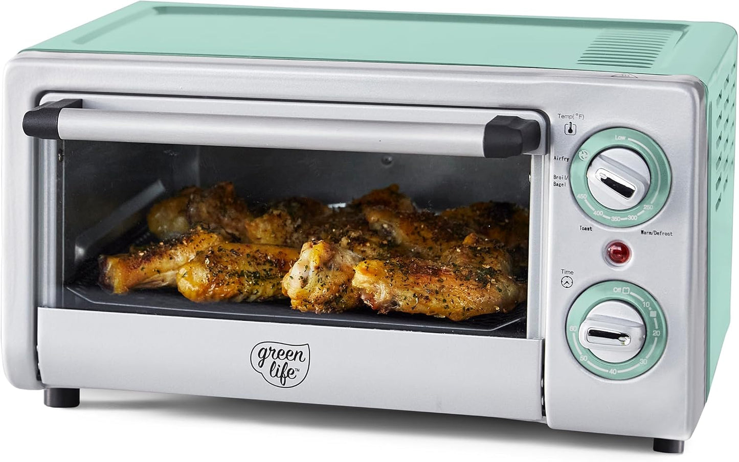 GreenLife Countertop Toaster Oven Air Fryer Stainless Steel, Healthy Ceramic Nonstick, PFAS and PFOA-Free, Tray & Basket, Bake, Broil, Reheat, Adjustable Temp & Time Control, Auto Shutoff, Turquoise