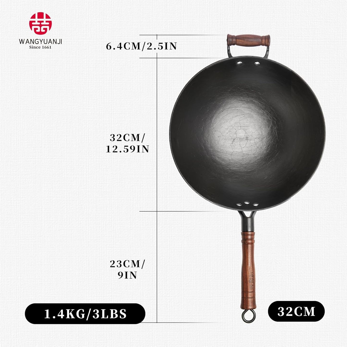 WANGYUANJI 12.6-Inch Cast Iron Chinese Wok with Round Bottom & Glass Lid - Traditional Ancient Wok for Gas Stove and Open Flame Cooking