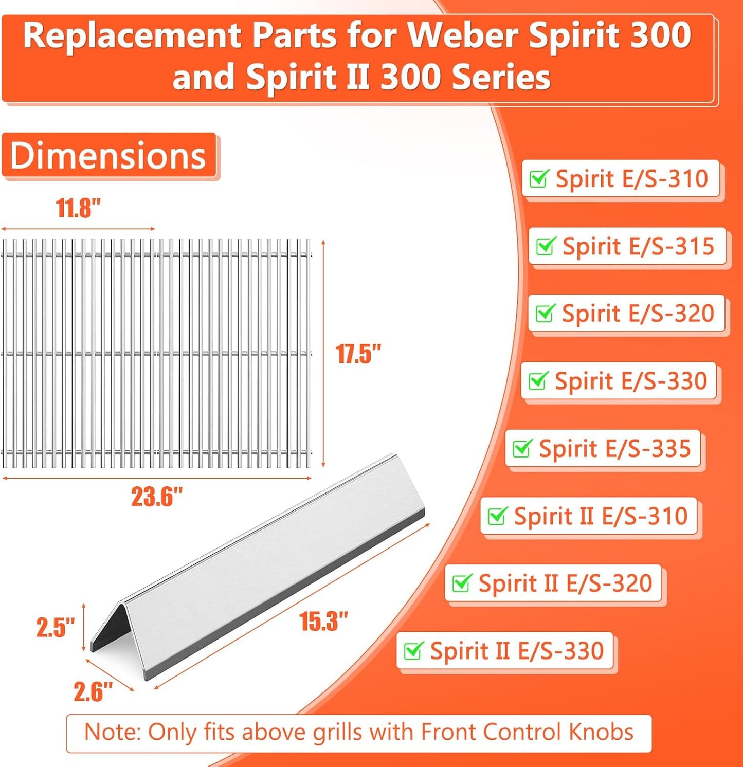 Spirit Grill Replacement Parts for Weber Spirit, 17.5" Grill Grates 15.3" Flavorizer Bars for Weber Spirit 300 & GS4 Spirit II 300, Spirit E-310 E-315 Grills with Front Control, for Weber 7639 7636