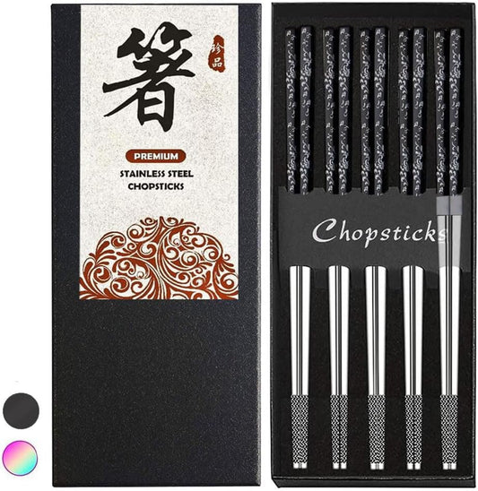 Stainless Steel Chopsticks With Case - Titanium Plated, Reusable, Non-slip, Engraved, Dishwasher Safe - 5 Pairs Set (BJ-Black05)