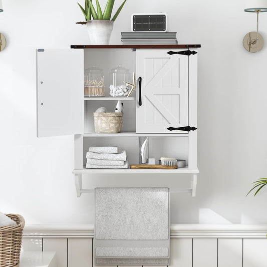 JOMEED Bathroom Wall Cabinet, Farmhouse Medicine Cabinet Storage with Doors and Adjustable Shelf, Over The Toilet Storage, White