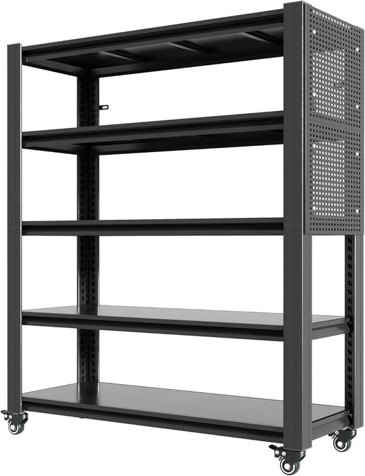 78" H 5-Shelf Metal Storage Shelves, 2000 lbs Garage Shelving Unit with Pegboard, Adjustable Industrial Heavy Duty Storage Rack with Wheels, 47.2" W x 18" D for Pantry Basement, Black