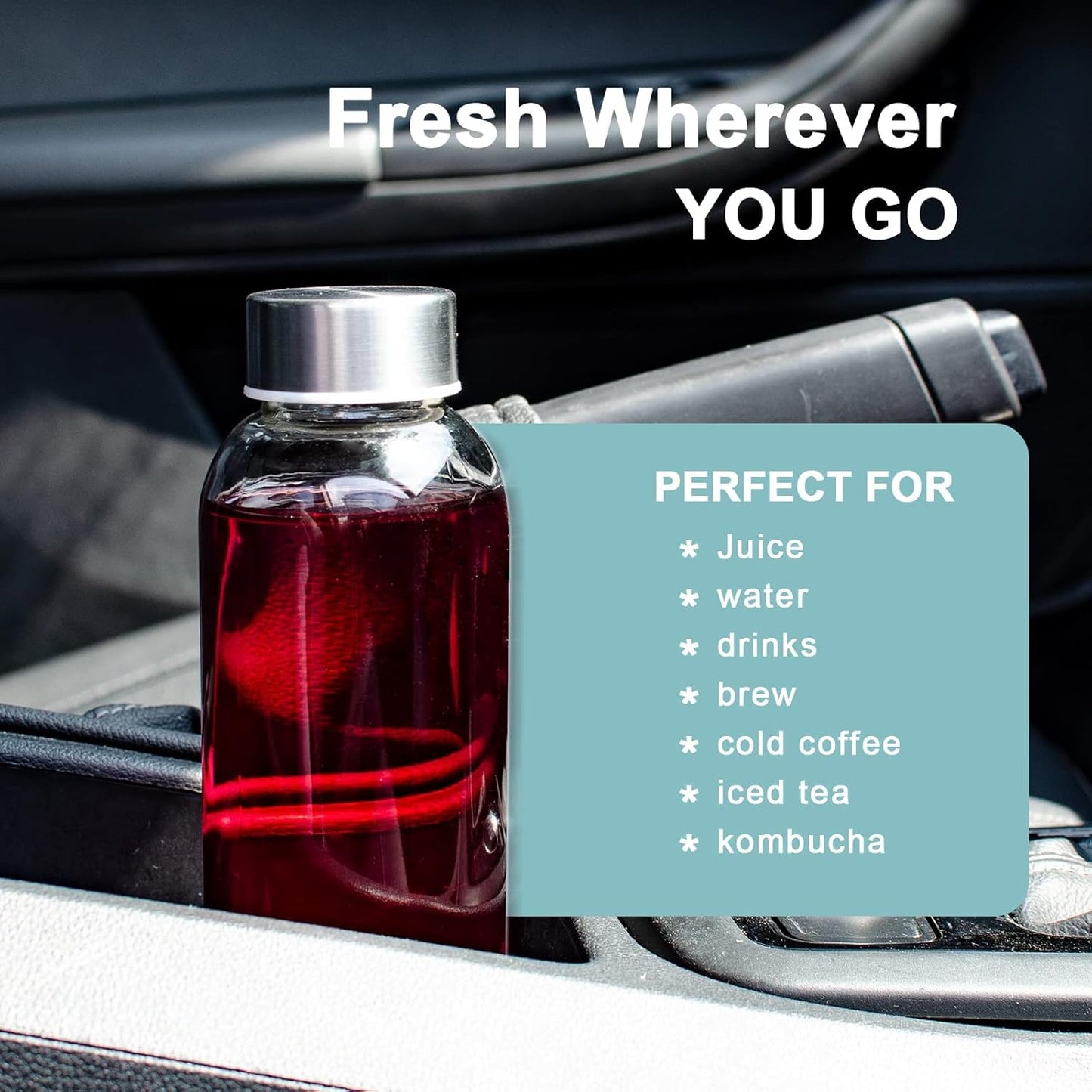 24 oz Clear Glass Bottles with Lids, Reusable Glass Water Bottles with Stainless Steel Cap for Juicing, Refrigerator,100% Leak Proof, BPA Free, Juice Water Bottle Set of 6