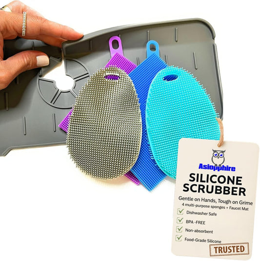 Faucet Mat for Sink - Silicone Scrubber Dish Set, Splash Guard, Food Grade BPA Free Kitchen Scrubber