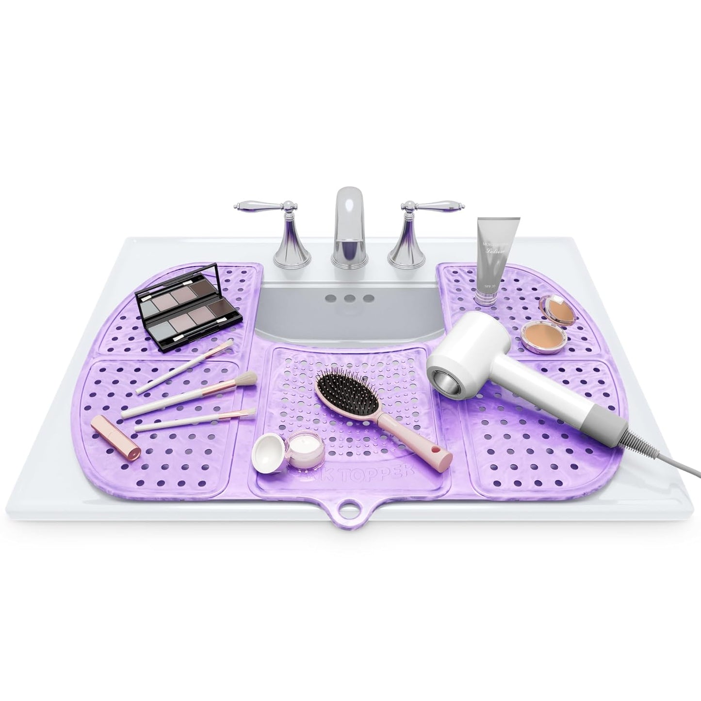 Sink Topper Bathroom Counter Cover & Storage Saver, Foldable Silicone Mat for Hot Tools, Hair Styling & Makeup, Beauty Brush Cleaning Mat, RV Camper Sink Cover & for Small Spaces (Large Lavender)