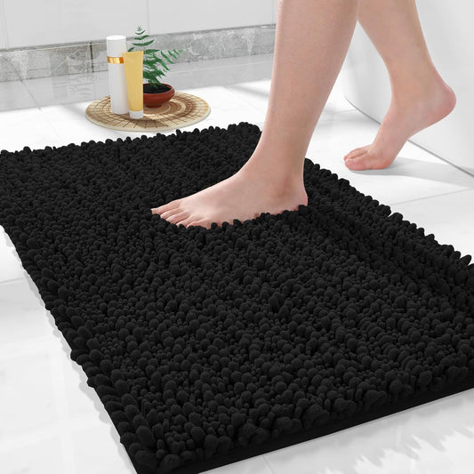 Yimobra Large Bathroom Rugs Non Slip Washable 36x24 Inch - Ultra Soft Absorbent Chenille Bath Mat, Quick Dry Shaggy Floor Carpet for Tub Shower, Black Home Decor Accessories