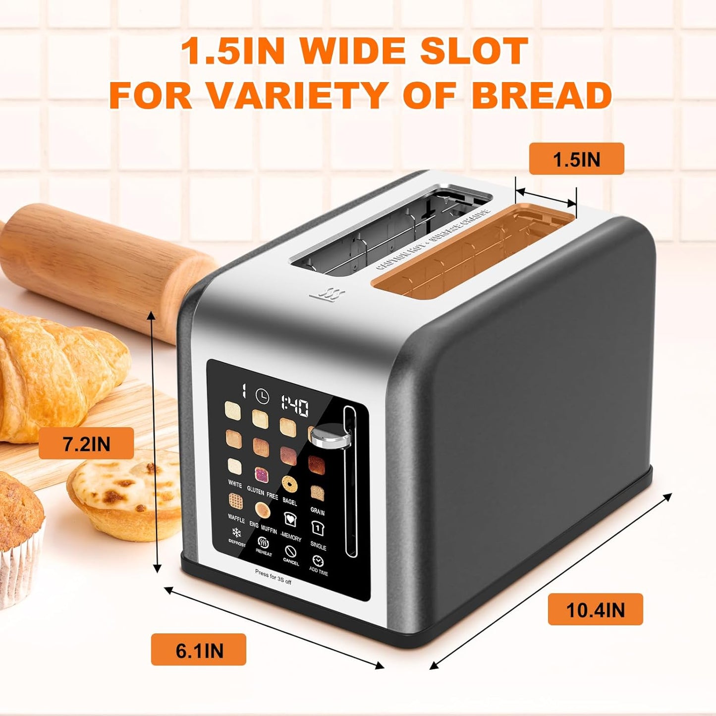 2 Slice Toaster Touch Screen, Stainless Steel Toasters Digital Timer 2 Slot Toasters, 8 Shade Settings 6 Bread Types for Bagel, Cancel, Defrost (Grey）