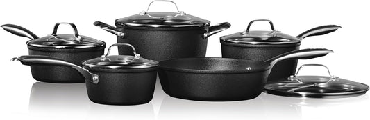 Starfrit The Rock Diamond 10PC Non-Stick Set - Durable Forged Aluminum - Oven Safe - PFOA Free - Easy to Clean - Black