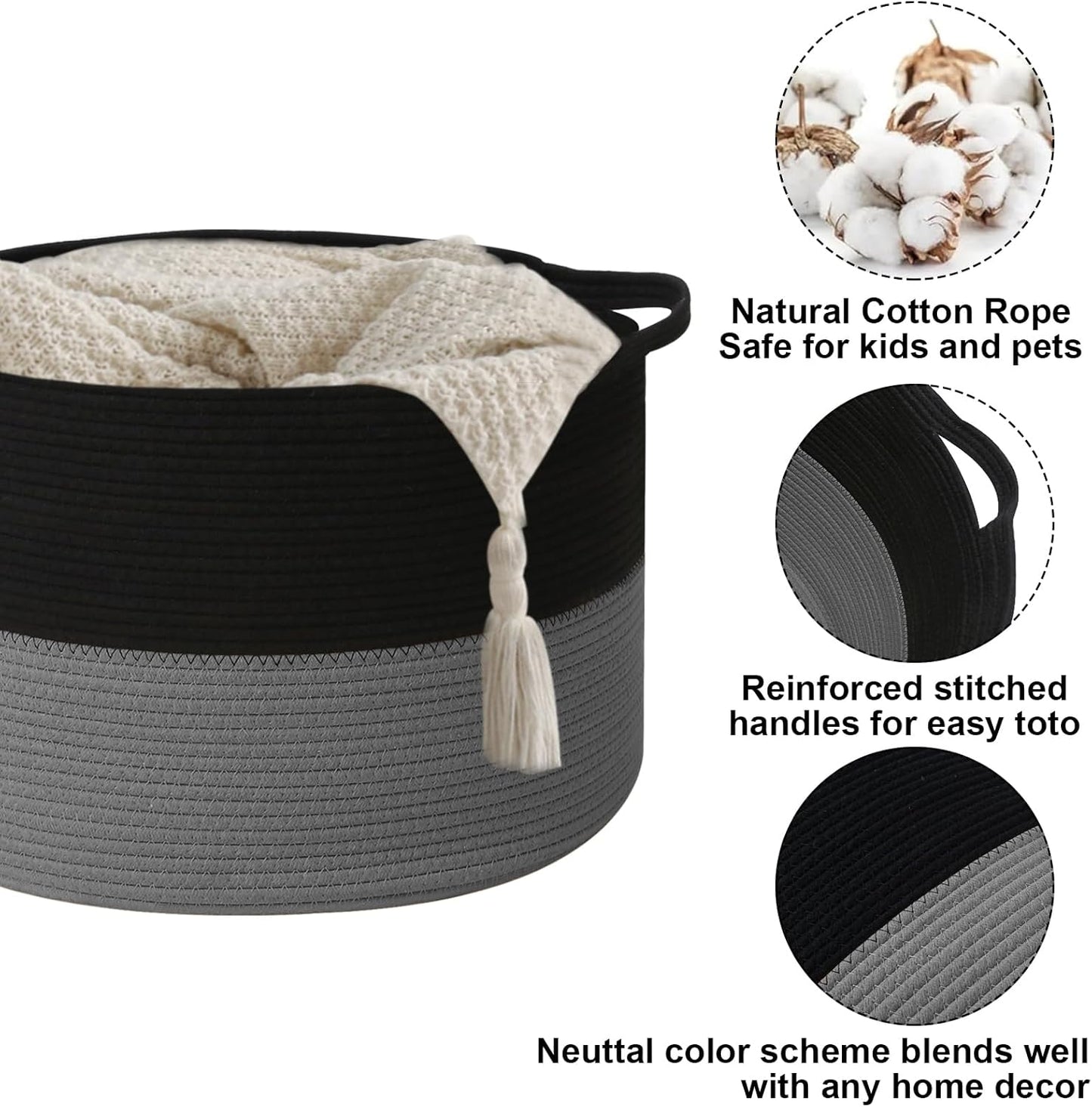 Large Blanket Basket for Organizing,65L Closet Organizers and Storage Bins Box for Shelves Woven Rope Storage Baskets,Living Room,Bedroom,Dorm,Laundry room (Black&Dark Grey)