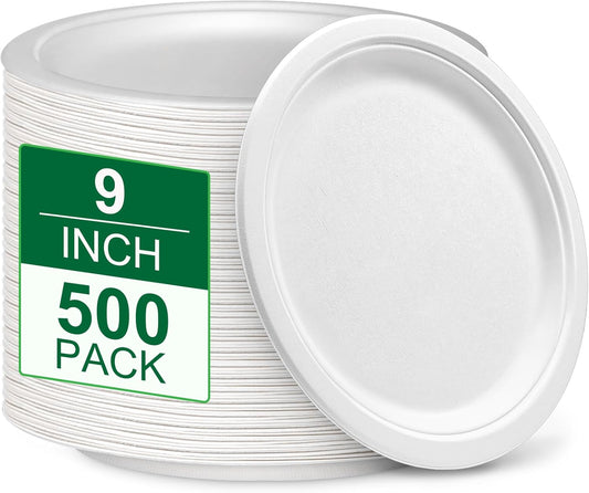 9 inch Paper Plates Bulk 500 Pack, 100% Compostable Plates Heavy Duty Sturdy, White Paper Plates Disposable Recycled Eco Friendly Biodegradable Sugarcane Plates
