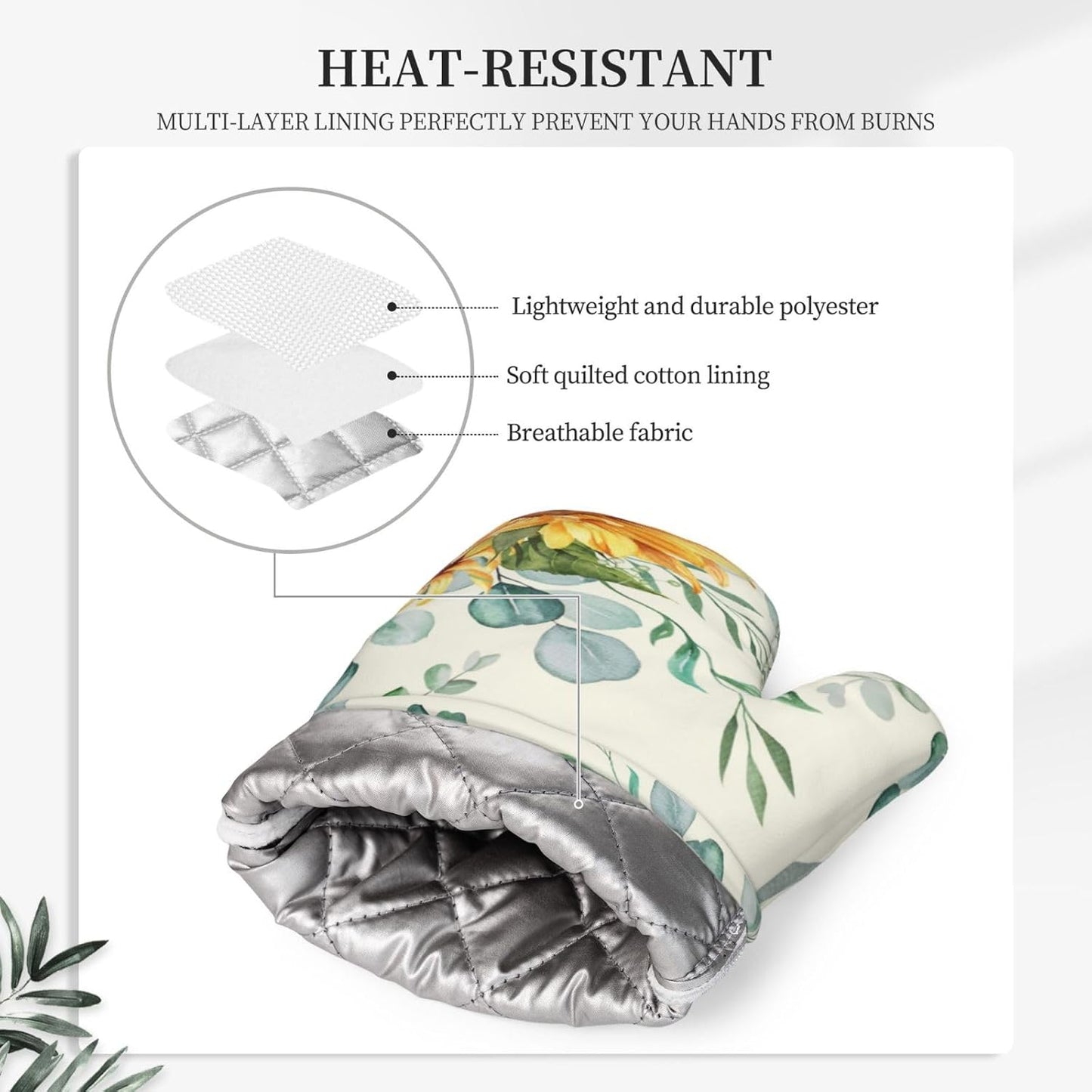 Sunflower Eucalyptus Oven Mitts Pot Holders Set Silicone Heat Resistant Summer Yellow Green Leaves Flowers Oven Mitts and Hot Pads Potholders Non-Slip Oven Gloves for Cooking Baking Grilling