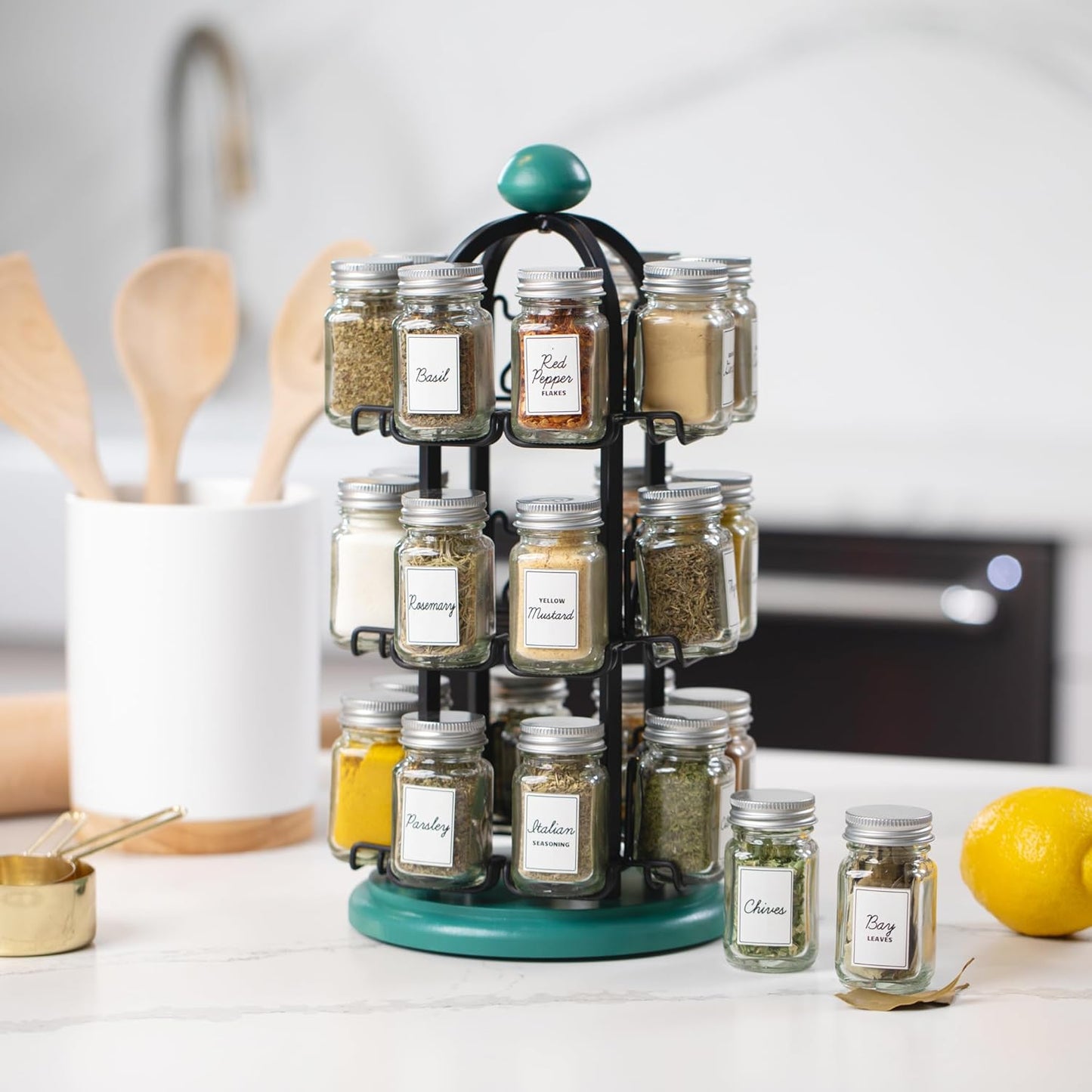 Orii Adrinova 24 Jar Revolving Spice Rack with Spices Included, Spice Organizer for Kitchen Countertop, Black & Green