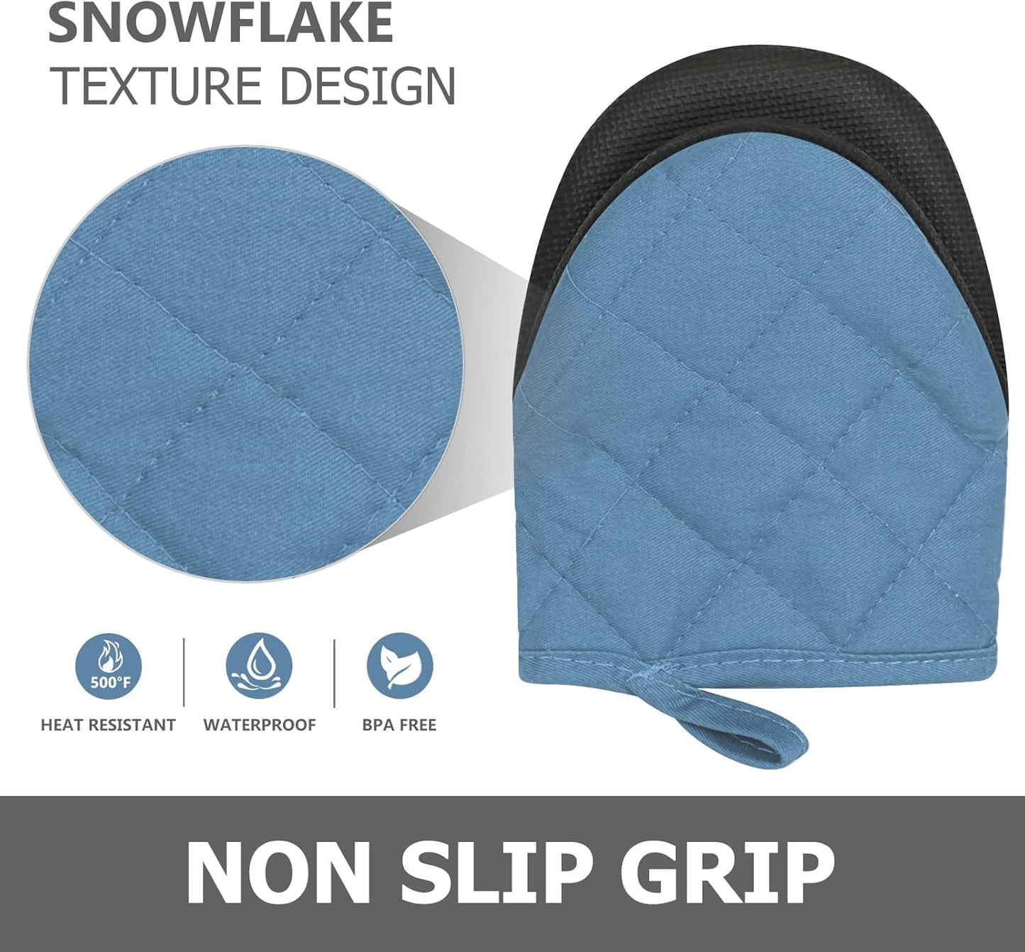 Qulable 1 Pair Short Oven Mitts - Silicone Kitchen Oven Gloves High Heat Resistant 500℉, Mini Oven Mits with Non-Slip Grip Surfaces and Hanging Loop for BBQ, Baking, Cooking and Grilling (Bule)