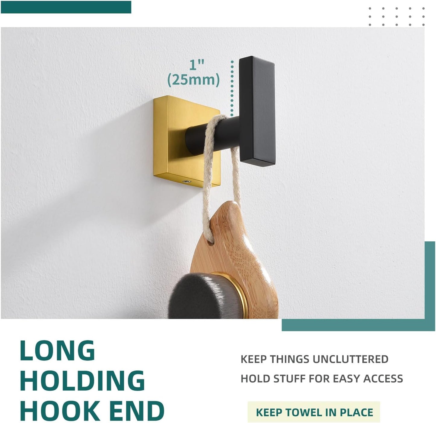 Angle Simple Towel Hook Black & Gold, Stainless Steel Bathroom Towel Holder, Robe Hook, Kitchen Towel Hanger, Wall Mount