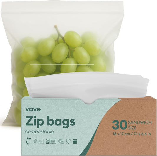 Vove Compostable Snack Bags, Small 50 Count – Freezer Safe, Leak Resistant, Non Toxic, Writable & Reusable Food Storage, Plastic-Free Eco Bags