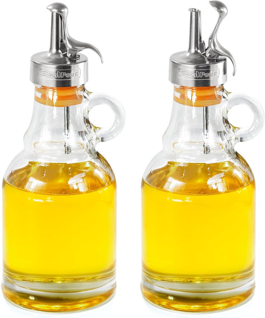 Olive Oil Dispenser Bottle,Glass Oil Dispenser with Stainless Steel Spouts,Oil Bottles for Kitchen, Dispenser Bottle with Drip Free Spouts (2pcs) 12 oz
