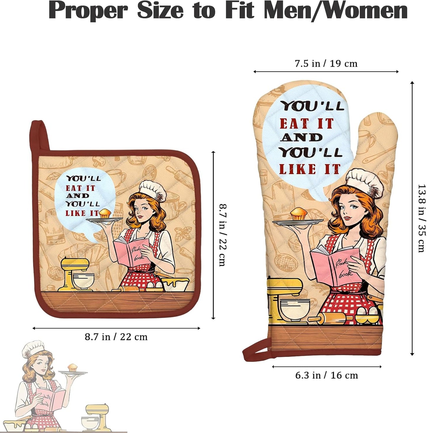 Retro Housewife Oven Mitts and Pot Holders Sets 4Pcs, 100% Cotton Heat Resistant, Extra Long Oven Gloves Potholder for Kitchen Cooking Baking Decoration