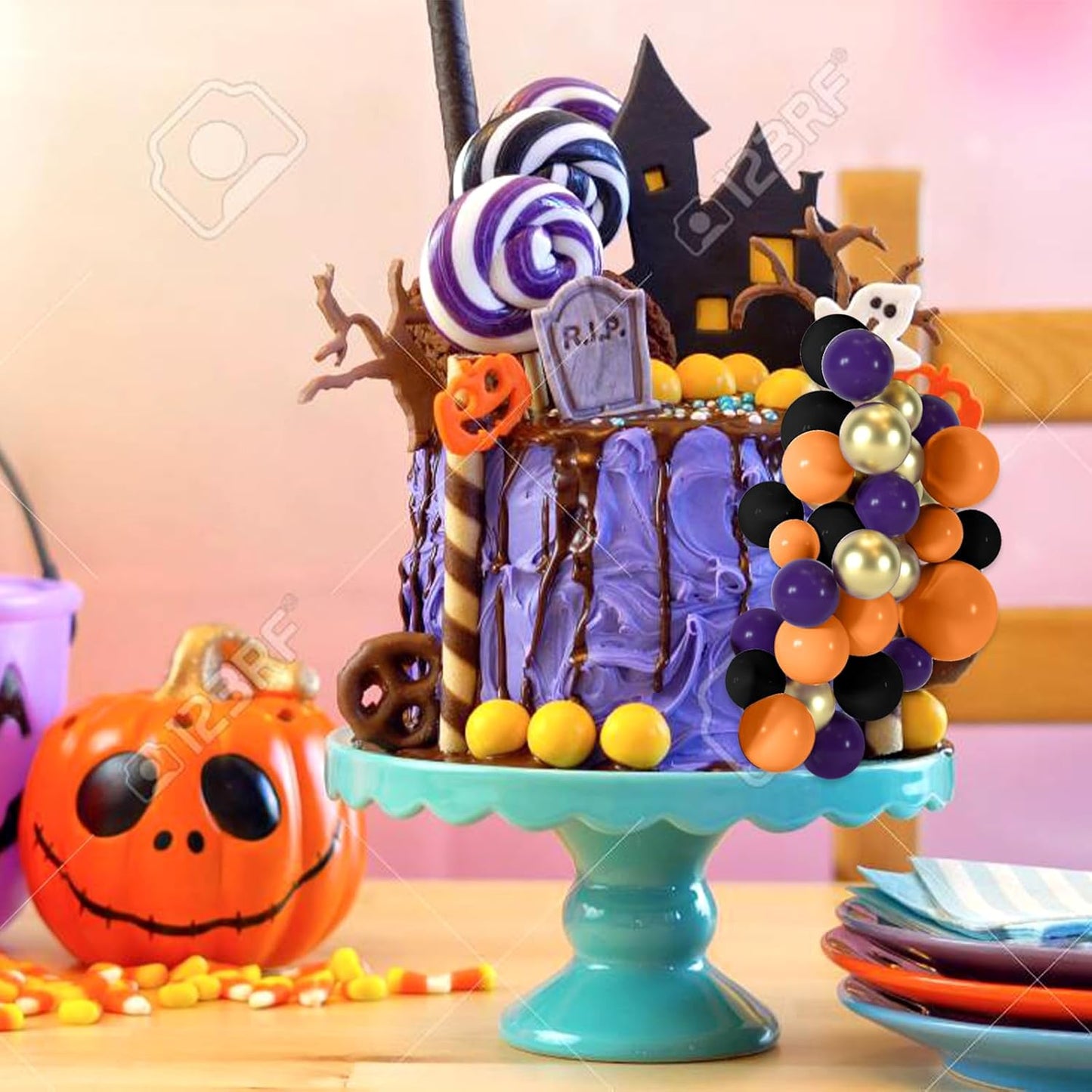48 Pcs Balls Cake Topper Decorations Balloon Cupcake Toppers Foam Cake Topper Balls Cake Balls Decorations for Halloween Birthday Party Wedding Cake Decorating(Purple,Black,Orange,Gold)