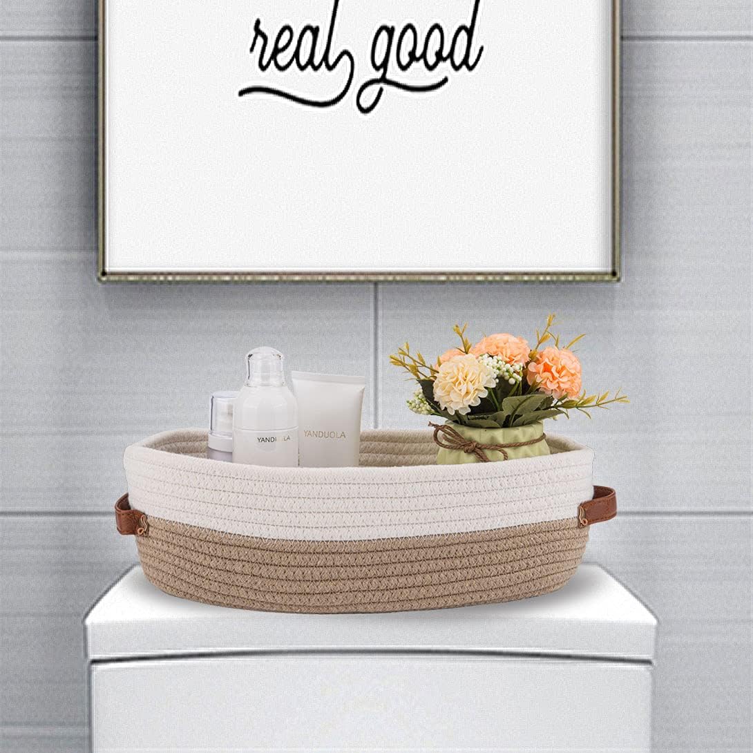 Cotton Rope Bathroom Decor Basket,Toilet Paper Holder Basket,Farmhouse Home Decor Organizing Baskets 13"x5.9"x4" Brown Stitching White