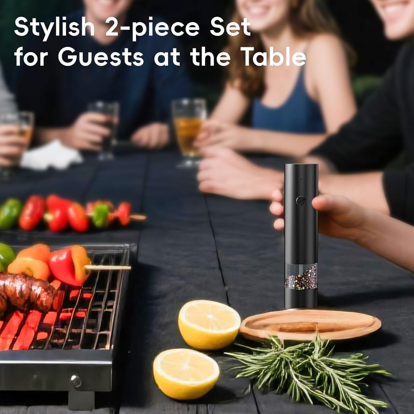 Electric Salt and Pepper Grinder Set, Mini Rechargeable Automatic Salt Pepper Shakers Mills, Adjustable Coarseness Easy Filling with Base&Cover, for Kitchen Outdoors Gift- 2 Packs, Black