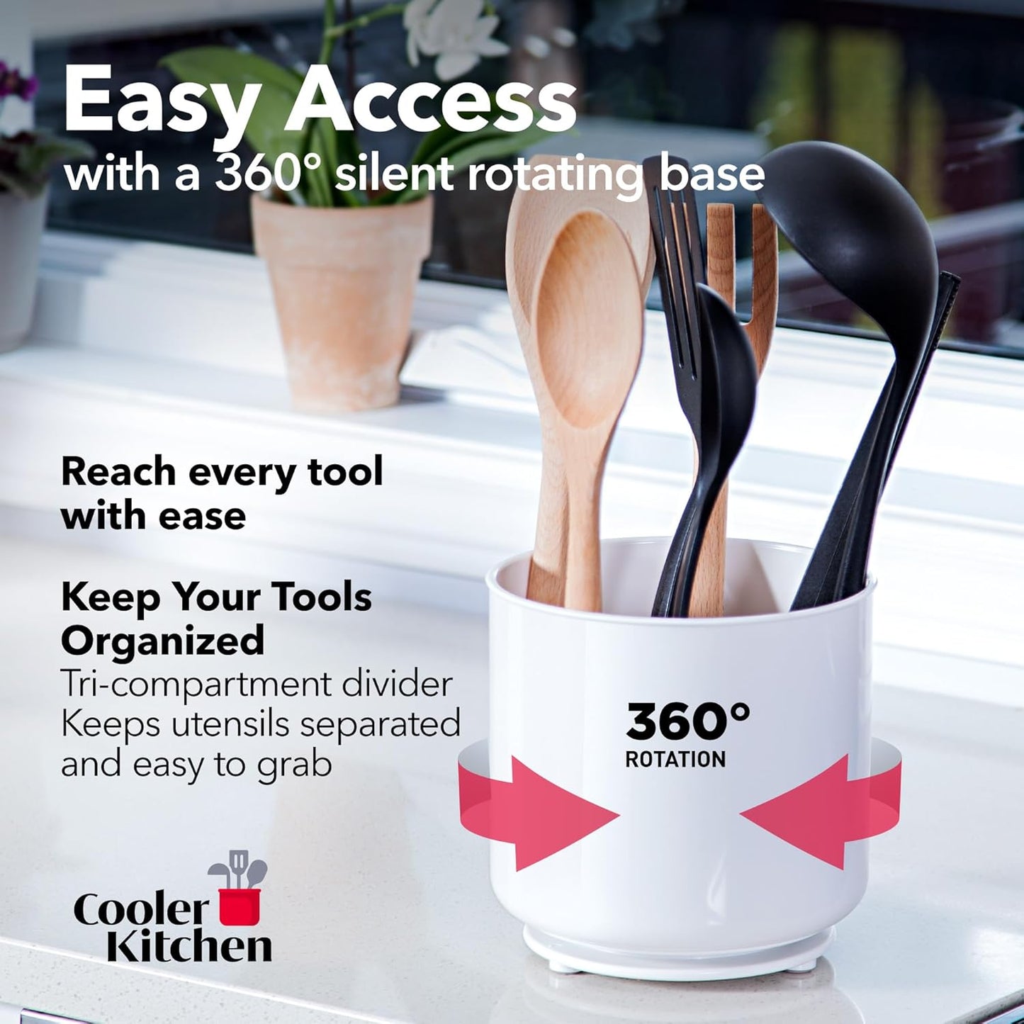 Rotating Extra Large White Plastic Utensil Holder Caddy with Sturdy No-Tip Weighted Base, Removable Divider, and Gripped Insert - Dishwasher Safe Kitchen Utensil Holder for Countertop