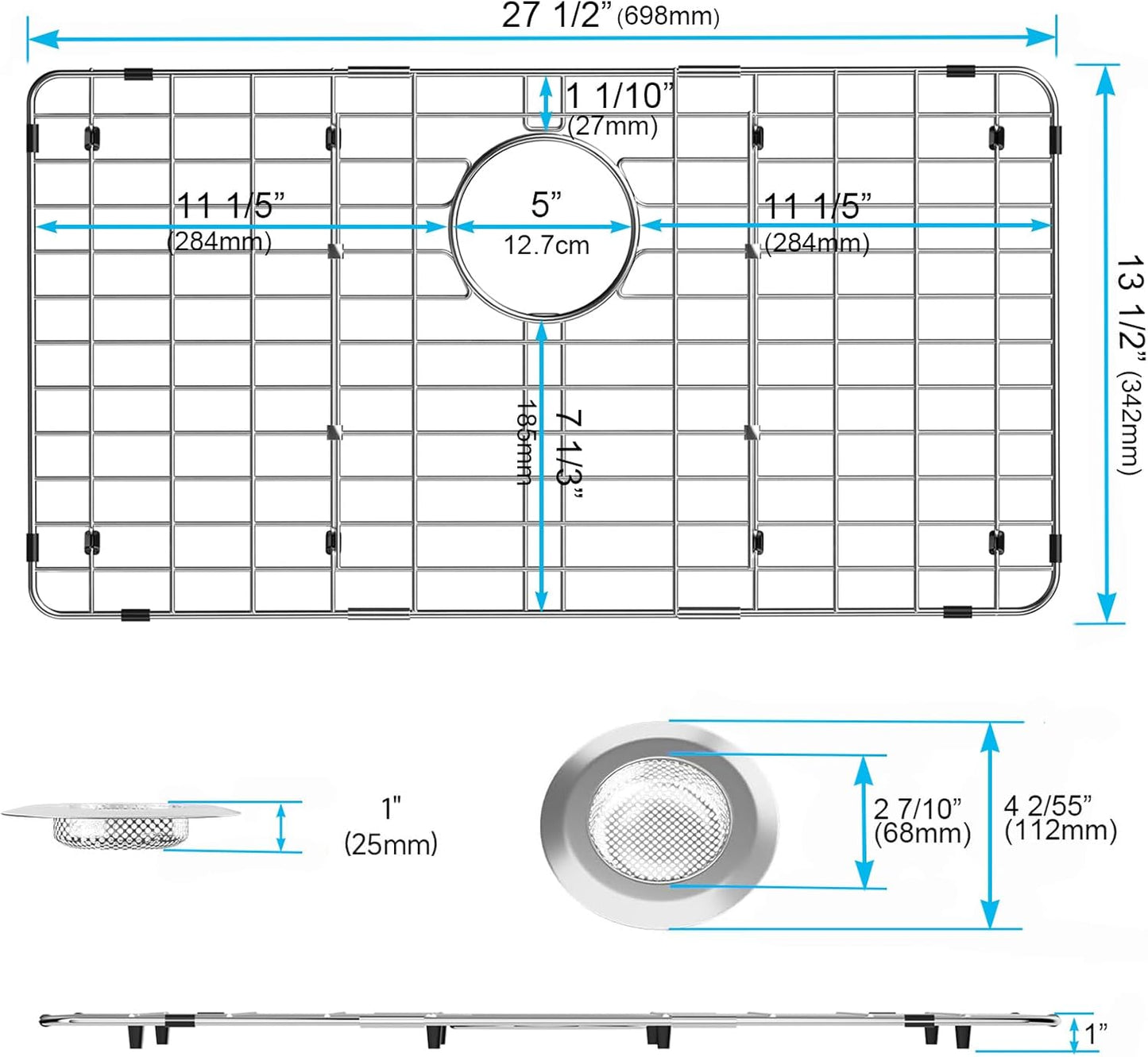 iPEGTOP Sink Bottom Grid, Stainless Steel Sink Protector 27-1/2" x 13-1/2" Rear Drain Hole with Corner Radius, Sink Grate Rack for Bottom of Kitchen Sink Single Bowl with Hole Cover