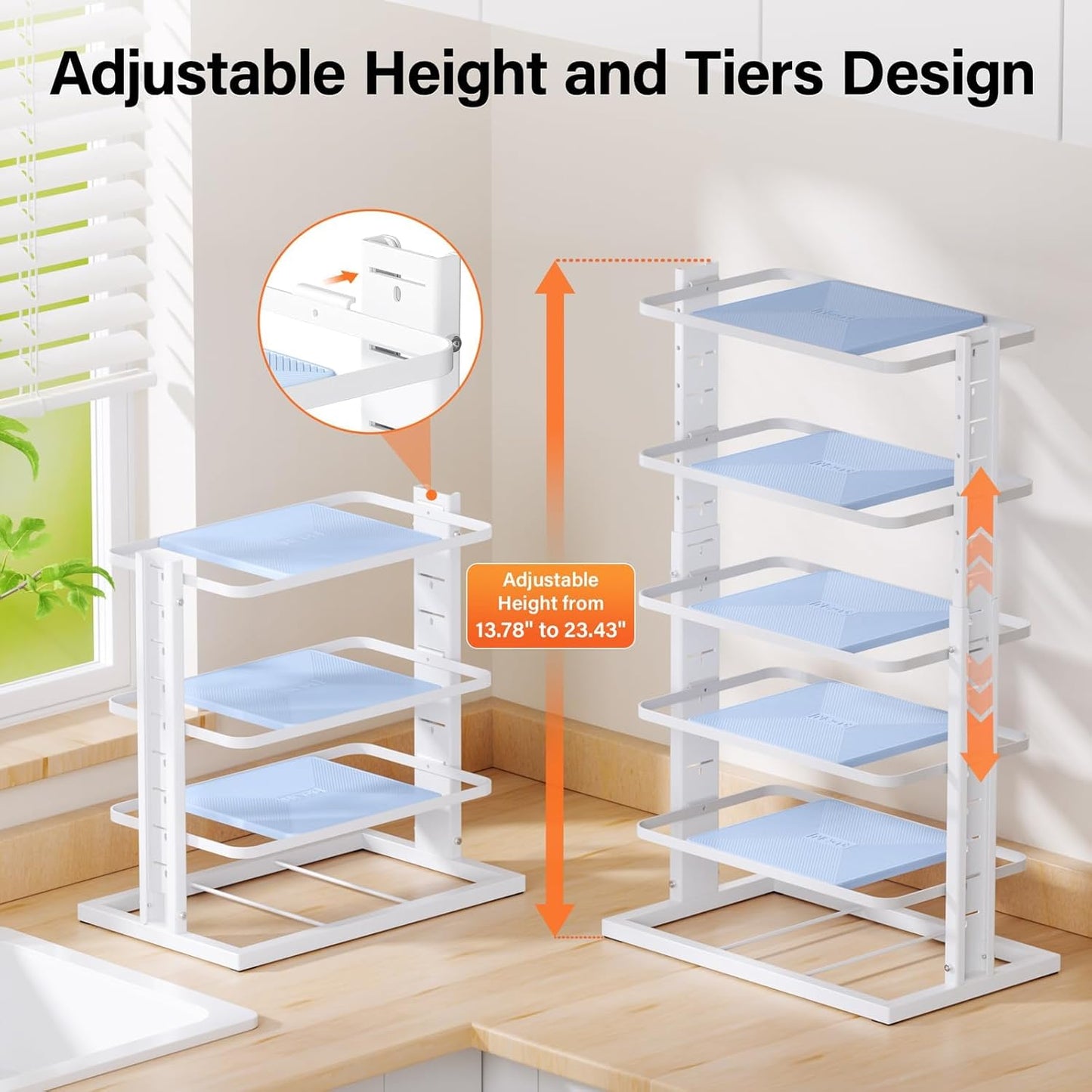 LAMU Pots and Pans Organizer for under Cabinet，6-Tier Heavy Duty Adjustable Pan Pot Organizers inside Cabinet, Pot Rack for Kitchen Cabinet Organization and Storage White