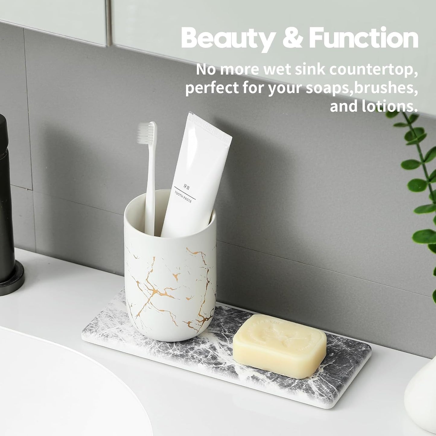 2PCS Bathroom Sink Vanity Trays, Water Absorbing Diatomite Stone Quick Drying Mat for Kitchen Counter, Dish Rack Dispenser Sponge Holder Caddy Organizer, Marble Crack, 9"x3.5"